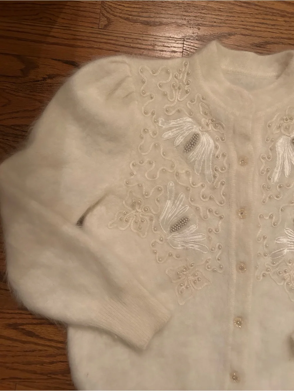Women’s Soft Cream Beaded Angora Blend Retro Inspired Grandmacore Cardigan